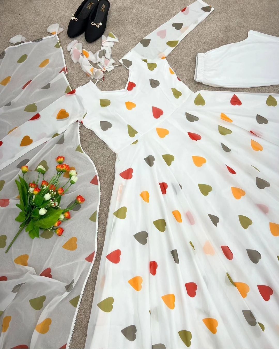 Organza Heart Printed Maxi Dress With Dupatta & Trouser